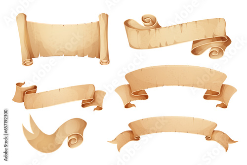 Set Parchment paper scroll ribbon, old vintage banner game ui element in cartoon style isolated on white background.