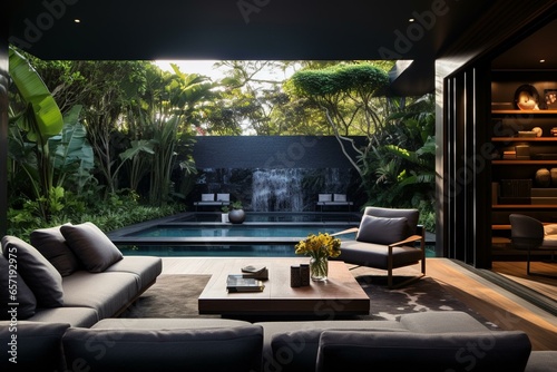 Contemporary lounge overlooking outdoor area featuring a pool and lush garden. Generative AI
