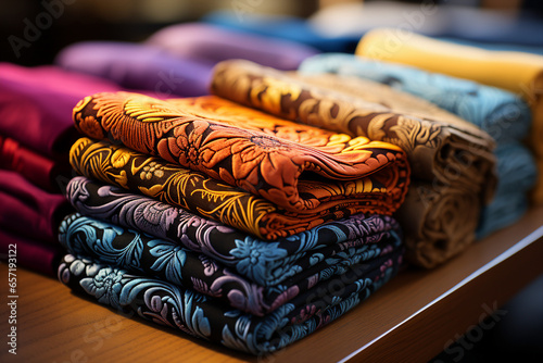 Generative AI image of vibrant multicolored folded fabrics market ethnic traditional clothing
