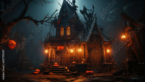 Halloween Themed Store Display Featuring Animatronic Haunted House - Spooky Retail Atmosphere, AI-Generated