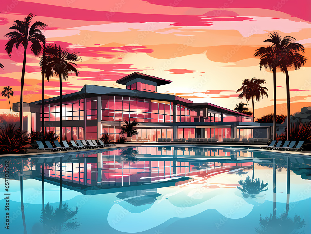 Fototapeta premium Pool With Palm Trees And A Building With A Pink Sky
