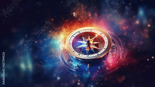 Compass pointing to goals against illuminated beautiful space photo