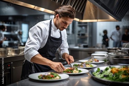 Chef preparing a salad in a restaurant for visitors. Cook man neatly decorates the dish. Young professional chef adding some piquancy to meal. Format photo 3:2.