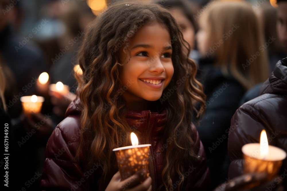 Young happy beautiful kid holding a candle for celebrate in Christmas ceremony Young happy beautiful kid holding a candle for celebrate in Christmas ceremony