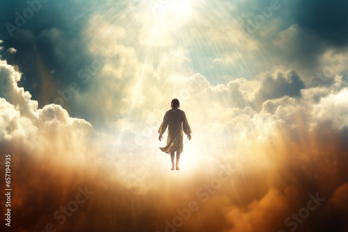 Culture and religion concept. Jesus Christ walking on clouds. Dramatic sunlight in background. Generative AI
