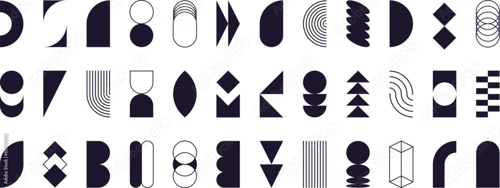 Abstract geometric shapes, bauhaus aesthetic elements, swiss style forms and symbols. Retro design graphic element, simple lines, arch and circle shape, basic figures vector set - obrazy, fototapety, plakaty 