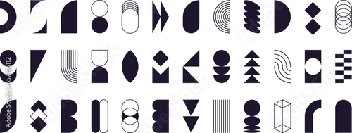 Abstract geometric shapes  bauhaus aesthetic elements  swiss style forms and symbols. Retro design graphic element  simple lines  arch and circle shape  basic figures vector set