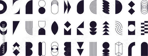 Abstract geometric shapes, bauhaus aesthetic elements, swiss style forms and symbols. Retro design graphic element, simple lines, arch and circle shape, basic figures vector set