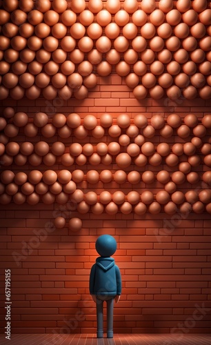 Interior. Brick wall with balls. 3d Image  Generative AI 