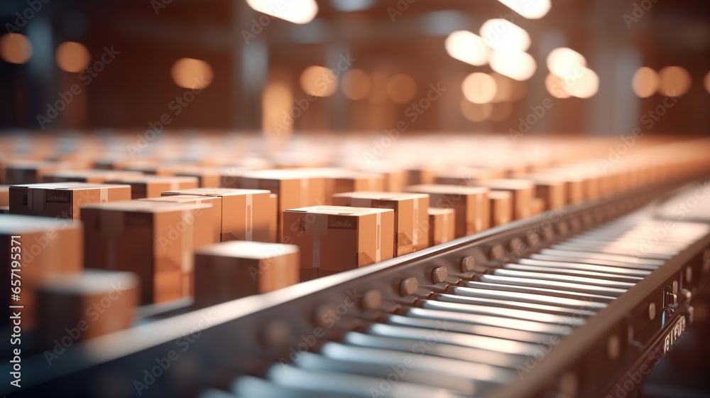 Generative AI, cardboard box packages moving along a conveyor belt Generative AI, cardboard box packages moving along a conveyor belt