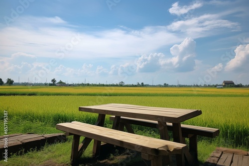 A vacant table on a backdrop of clear skies and rice paddies. Generative AI