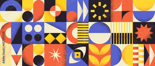 Retro bauhaus background with bold geometric shapes and abstract graphic elements. Modern brutalist style banner with basic figures, lines and circles, contemporary style vector illustration