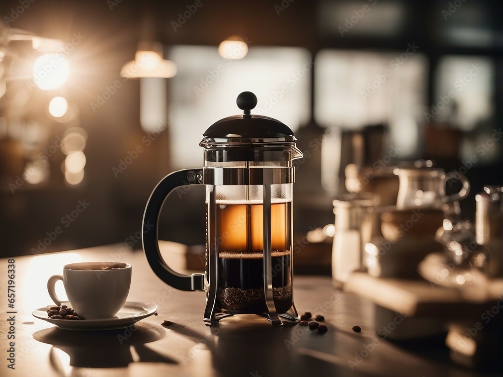 French press and a cup of coffee at the morning of a day