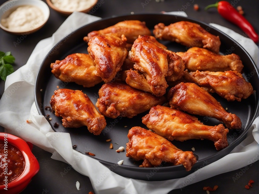 Close up view of delicious hot chicken wings with sauce Close up view of delicious hot chicken wings with sauce