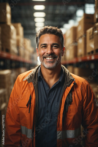 Vertical portrait of smiling happy worker or manager working in a warehouse