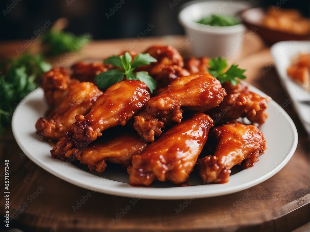 Close up view of delicious hot chicken wings with sauce
