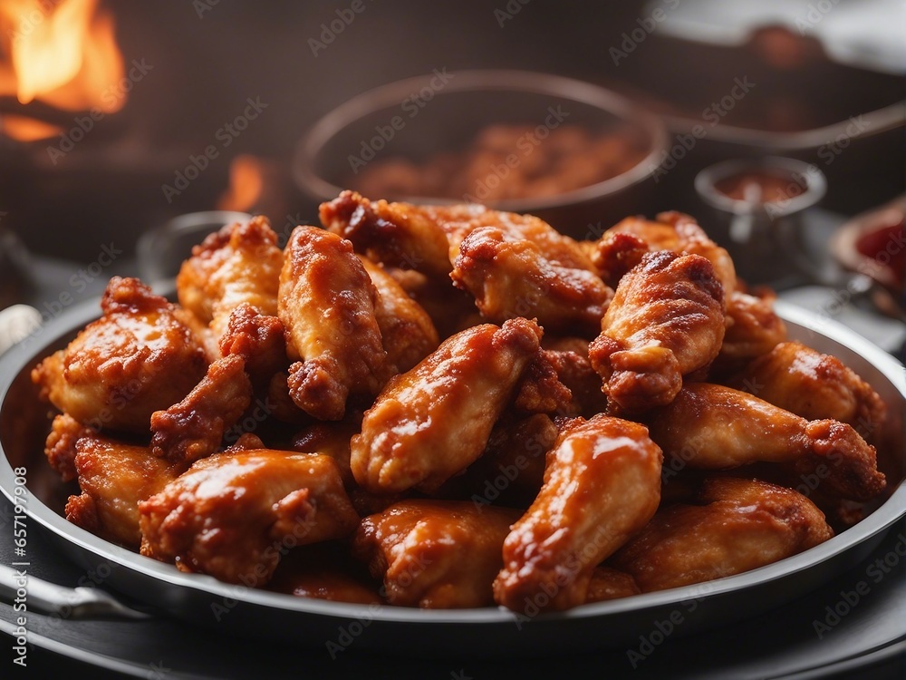 Close up view of delicious hot chicken wings with sauce Close up view of delicious hot chicken wings with sauce