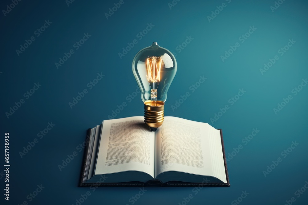 Book cover with a light bulb, realistic and modern. Generative AI - obrazy, fototapety, plakaty 