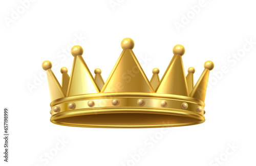 3d realistic vector icon. Golden king or queen crown. Isolated on white background.