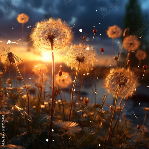 Dandelion flowers in spring flying in the wind  blurry natural background  great for wallpaper  blogs  websites  nature  inspiration  etc. Generative Ai Image