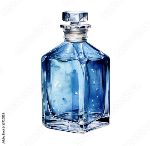 Watercolor illustration of a blue bottle. Generative AI, png