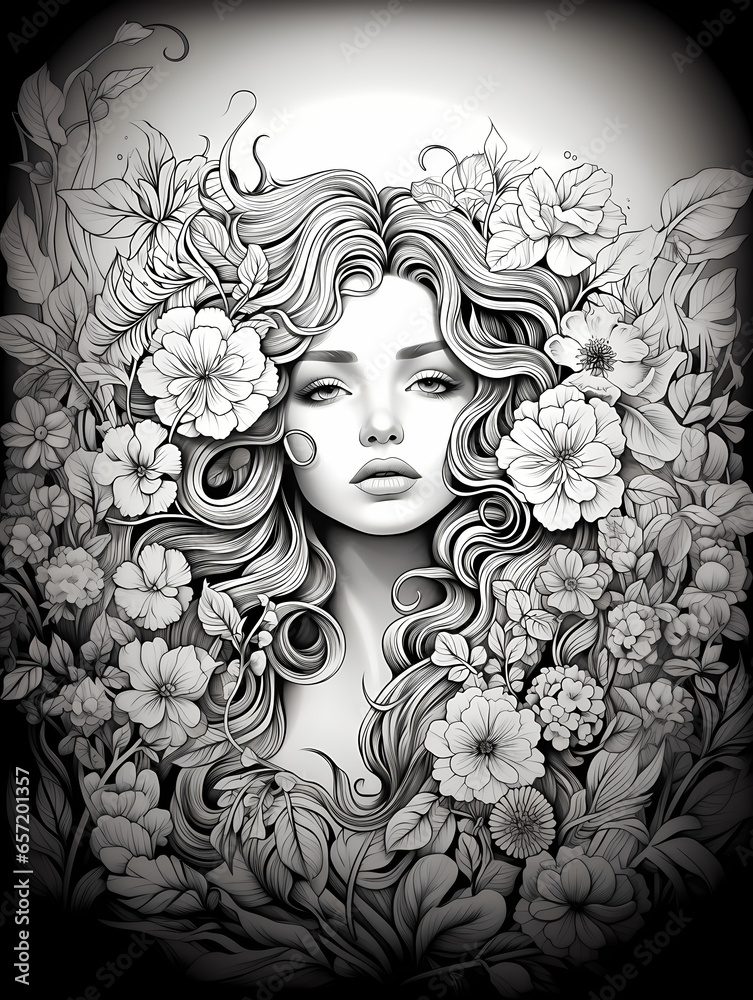 Fototapeta premium Woman With Long Hair Surrounded By Flowers