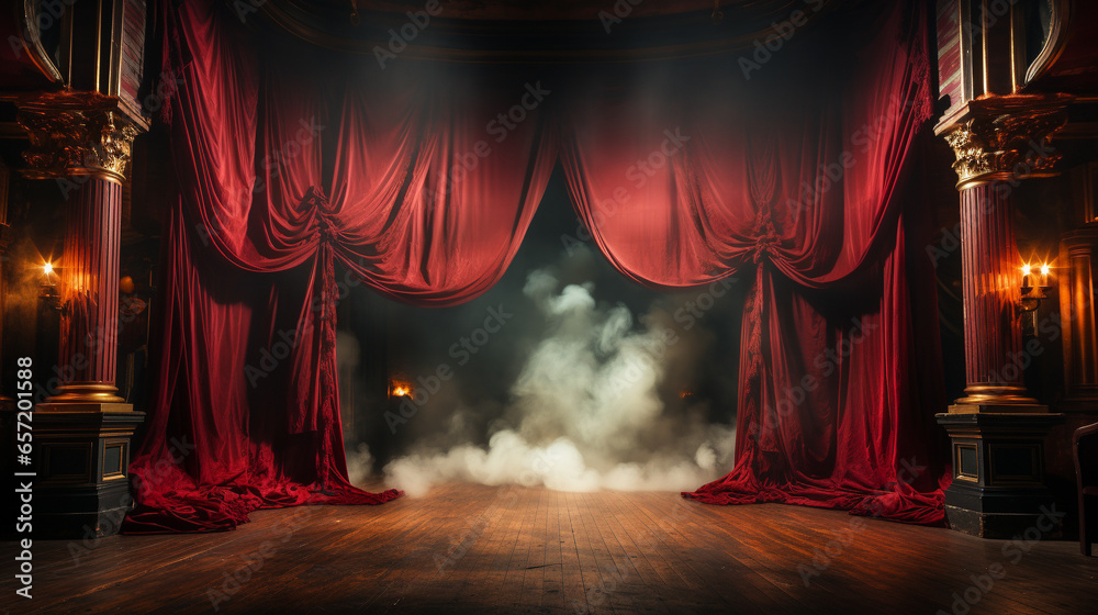 Theatre Stage with Red Velvet Curtains On Fire. Generative AI. - obrazy, fototapety, plakaty 