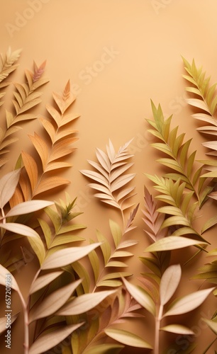Photo wallpapers for walls. Beautiful leaves on a beige background. A mural for a room. Painted grass, Generative AI 