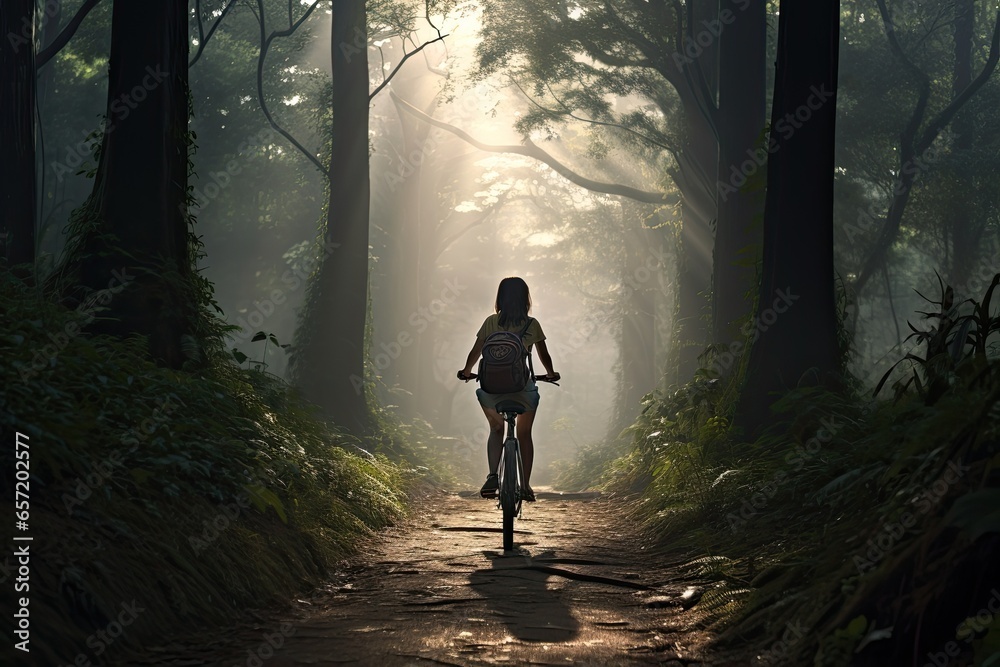 Silhouette of a female cyclist in the morning foggy forest. A bike ride in the fresh air, alone with your thoughts. Solitude in nature. Silhouette of a female cyclist in the morning foggy forest. A bike ride in the fresh air, alone with your thoughts. Solitude in nature.