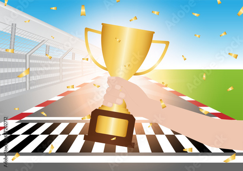 Hand Holding Golden Trophy in Racing Track. Go-kart track. Race track road. Vector Illustration. Champion and Winning Concept. Vector Illustration.