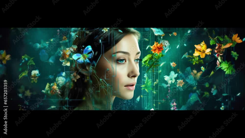 Eine Verbindung zwischen Mensch neue Technologie, Künstliche Intelligenz und Natur. Generiert mit KI
