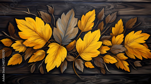 Group Of Yellow And Brown Leaves On A Wood Surface