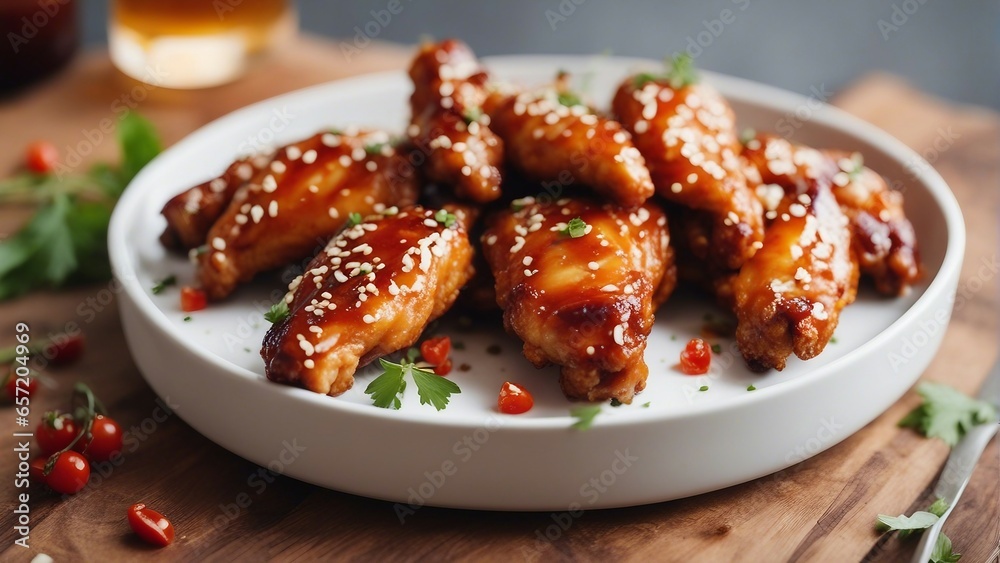Deliciously looking hot and spicy chicken wings in a plate at restaurant