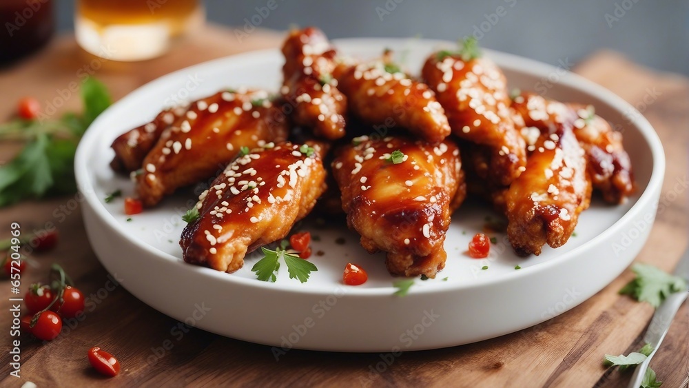 Deliciously looking hot and spicy chicken wings in a plate at restaurant Deliciously looking hot and spicy chicken wings in a plate at restaurant
