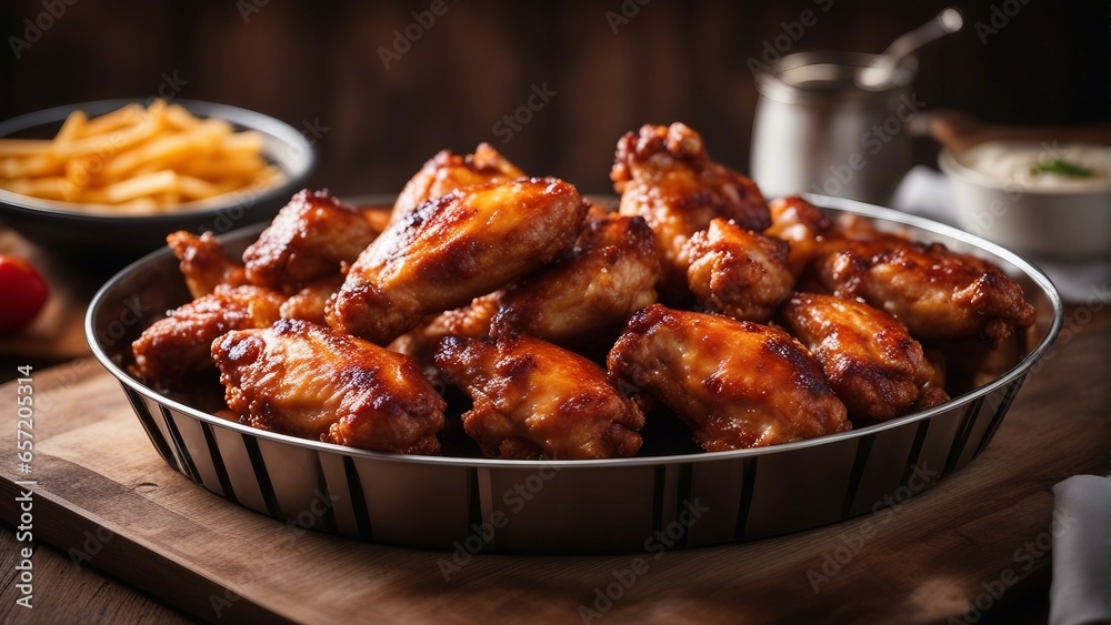 Hot and spicy chicken wings round in a tray with fireproof paper