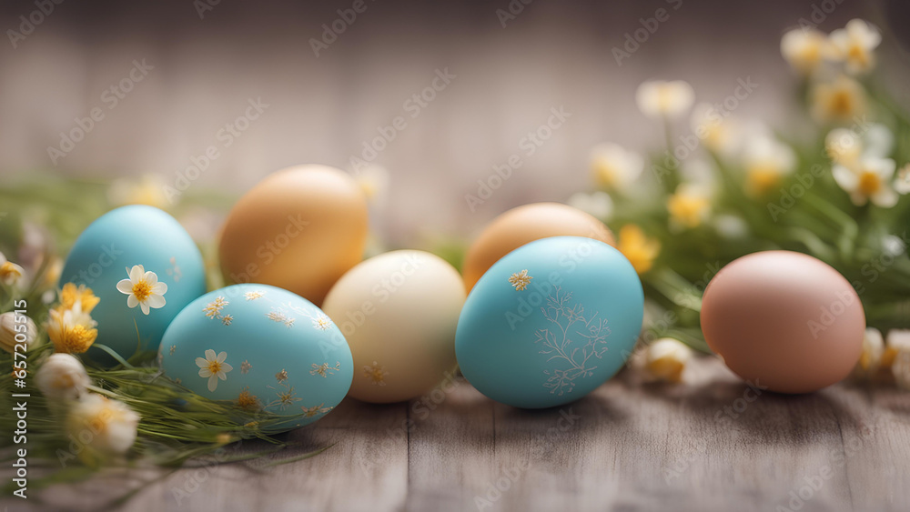 Colorful Easter eggs on wooden background decorated with flowers. 