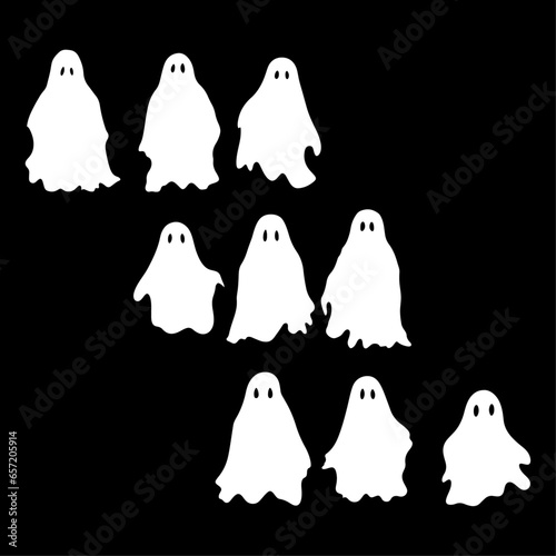 Great Collection of Halloween's White Ghosts and Scary, Ghostly White Monsters: Simple, Spooky Characters Presented on a Black Background