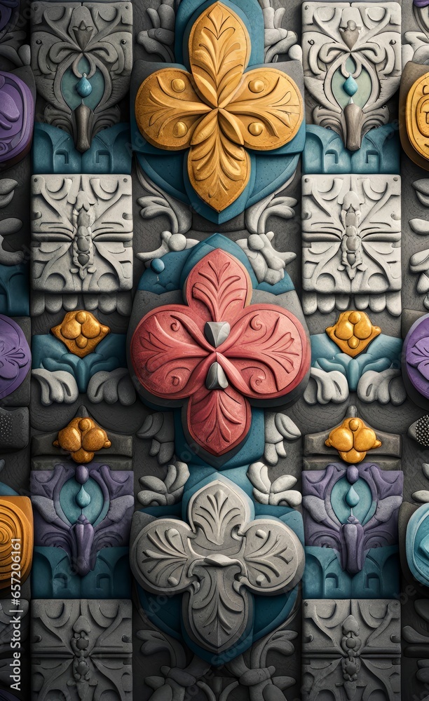 Grunge concrete wall with ornaments and prints. Digital tiles design. 3D render Colorful ceramic wall tiles decoration. Abstract damask patchwork, Generative AI 