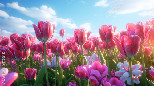 pink tulips against blue sky