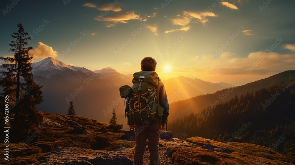Learning Adventure Skills: Boy Scout Silhouette, Mountain Adventure and Friendship Success, Sunset Background. - obrazy, fototapety, plakaty 