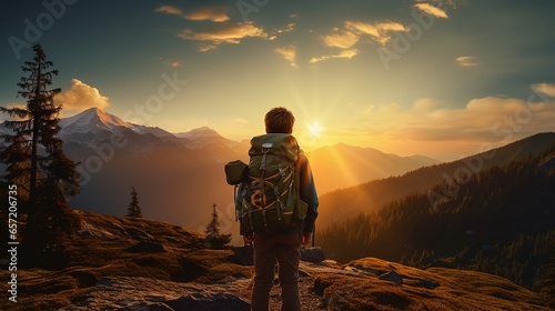 Learning Adventure Skills: Boy Scout Silhouette, Mountain Adventure and Friendship Success, Sunset Background.
