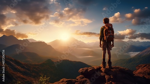 Learning Adventure Skills: Boy Scout Silhouette, Mountain Adventure and Friendship Success, Sunset Background. photo