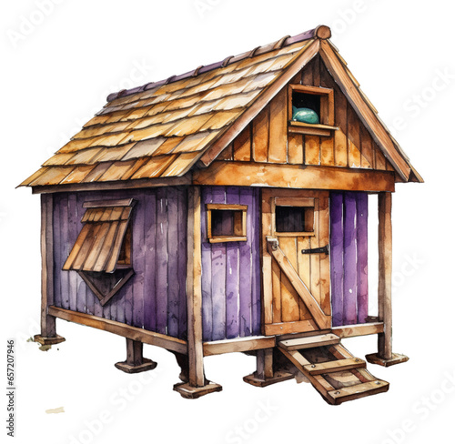 Watercolor illustration of a chicken coop hut. Generative AI, png