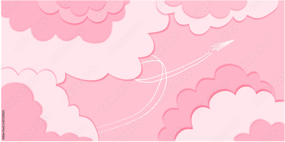 Vector color horizontal background of pink clouds on the pink sky in cut out style and paper airplane. 