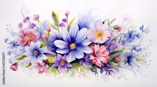 Watercolor delicate wildflowers on a white background. Holiday card with flowers. © DZMITRY