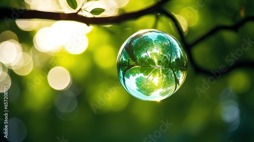 glass ball bubble with a reflection of the world symbolizing the environmental crisis.