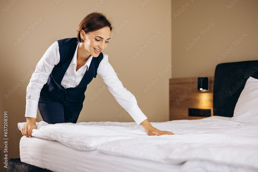 Woman housekeeper preparing bed cloths in the hotel room Woman housekeeper preparing bed cloths in the hotel room