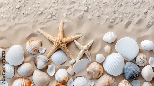 Seashells and starfish on sand background. Summer concept