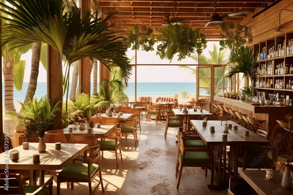 Stylishly decorated beachfront restaurant. Generative AI