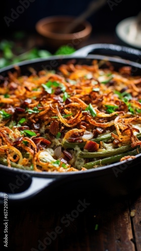 Decadent green bean casserole with crispy onions on top
